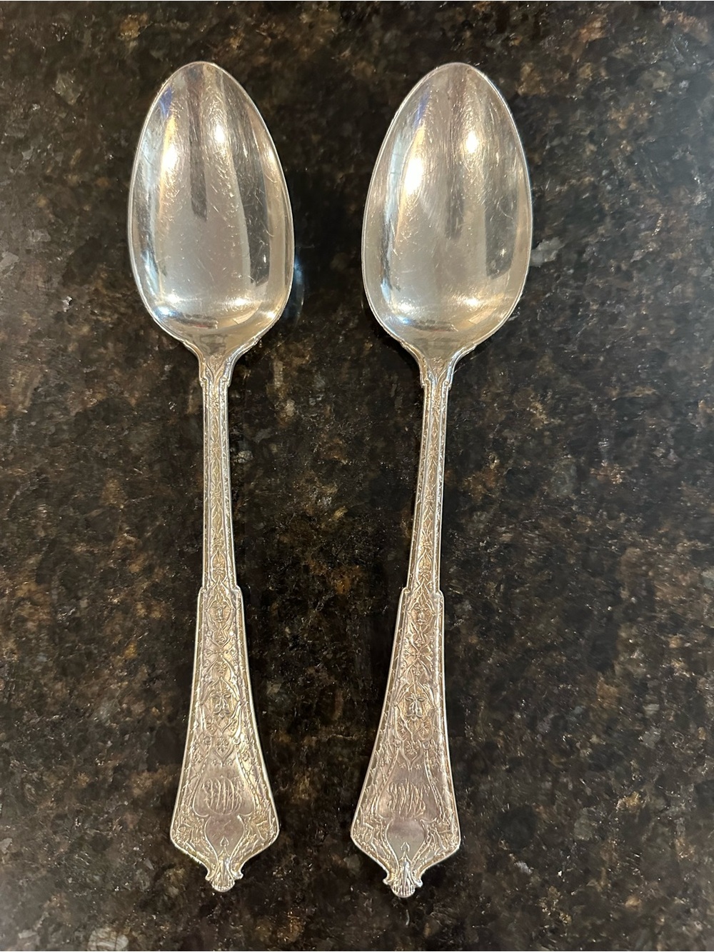 Pair of vintage Tiffany & Co. Silver Ornate Dinner Spoons